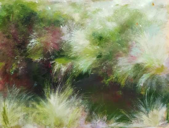 Large minimal landscape in greens with dark crimson and dusky rose, closeup scene of riverbank on a little creek through tussock grasses with white butterflies. By Australian artist Victoria Collins. 