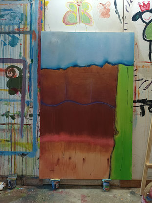 Abstract landscape painting, brown, green, blue are the dominant colours. Drips of paint, objects painted over and/or partially visible.  