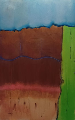 Abstract landscape painting, brown, green, blue are the dominant colours. Drips of paint, objects painted over and/or partially visible.  