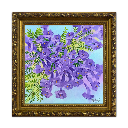 Jacaranda flowers original painting by Irina Redine. Australian Jacarandas small artwork framed and ready to hang, gift idea