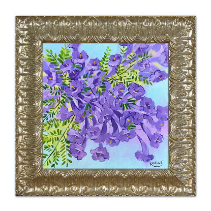 Jacaranda flowers original painting by Irina Redine. Australian Jacarandas small artwork framed and ready to hang, gift idea