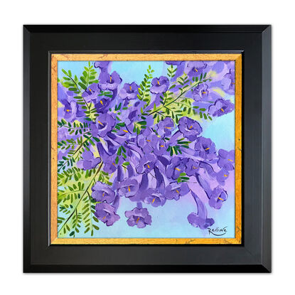 Jacaranda flowers original painting by Irina Redine. Australian Jacarandas small artwork framed and ready to hang, gift idea