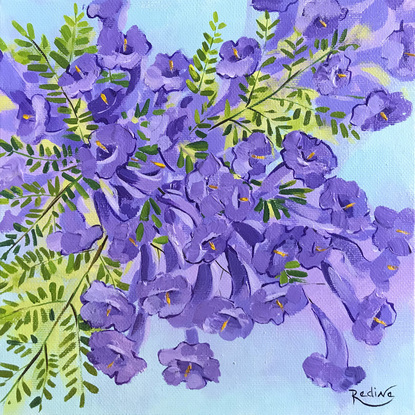 Jacaranda flowers original painting by Irina Redine. Australian Jacarandas small artwork framed and ready to hang, gift idea