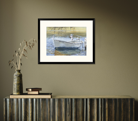 Watercolour painting of an old white timber fishing boat and seagulls.