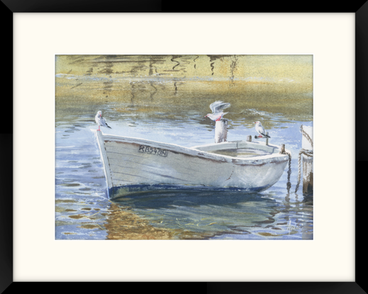 Watercolour painting of an old white timber fishing boat and seagulls.