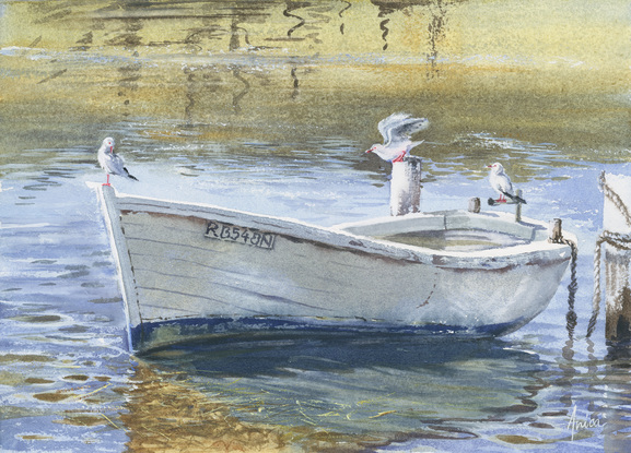 Watercolour painting of an old white timber fishing boat and seagulls.