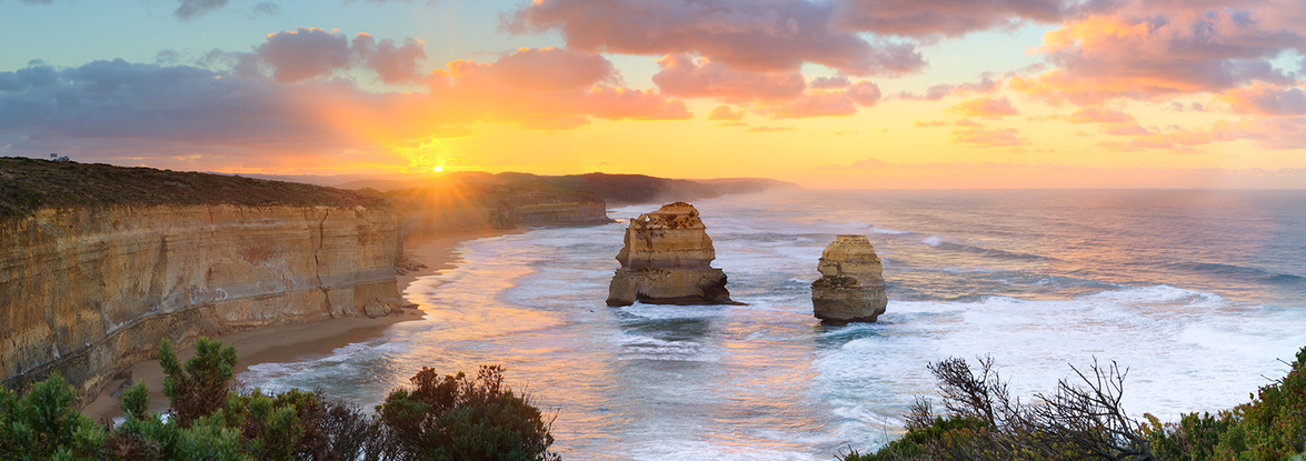 Sunrise over the Twelve Apostles, limestone stacks located in Port Campbell National Park along the Great Ocean Road in Victoria, Australia.