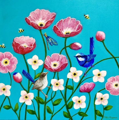 A group of happy pink poppies and smaller white flowers against a turquoise background. The poppies have open happy faces and a splendid blue wren and its mate relax on the stems of the poppies. A dragonfly rests on another stem and three litte bees hover between the flowers looking for nectar. The colours are largely turquoise, pink, white, blue and some yellow. The painting is framed in a white box frame.