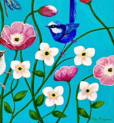 A group of happy pink poppies and smaller white flowers against a turquoise background. The poppies have open happy faces and a splendid blue wren and its mate relax on the stems of the poppies. A dragonfly rests on another stem and three litte bees hover between the flowers looking for nectar. The colours are largely turquoise, pink, white, blue and some yellow. The painting is framed in a white box frame.