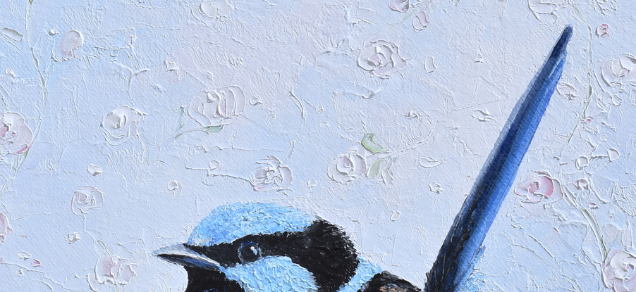 Thickly textured oil painting of a Superb Fairy Wren perched on a blossom branch. 