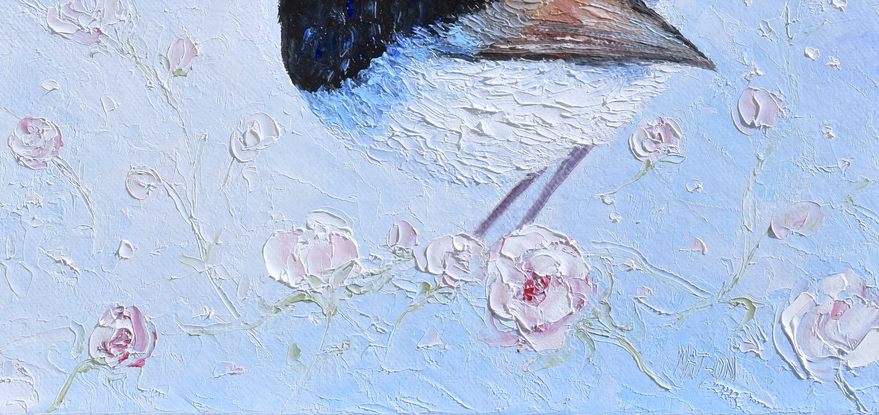 Thickly textured oil painting of a Superb Fairy Wren perched on a blossom branch. 