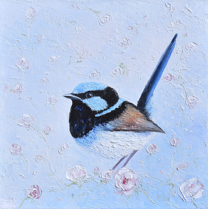 Thickly textured oil painting of a Superb Fairy Wren perched on a blossom branch. 