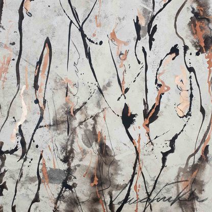 A large abstract painting of the Australian indigenous plants and wild grass in beige, brown, copper, bronze and white.