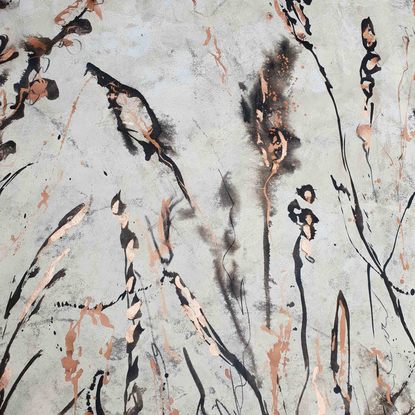 A large abstract painting of the Australian indigenous plants and wild grass in beige, brown, copper, bronze and white.