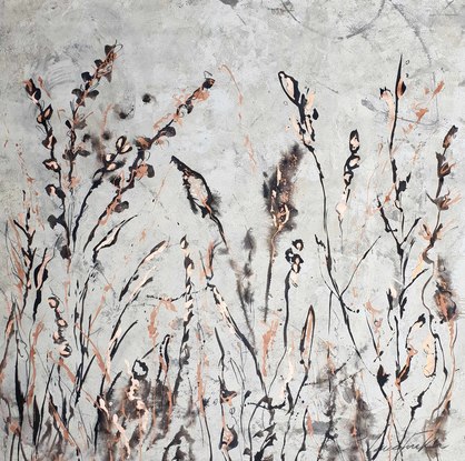 A large abstract painting of the Australian indigenous plants and wild grass in beige, brown, copper, bronze and white.