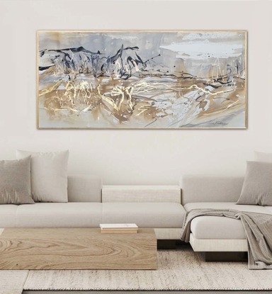 A large abstract painting of a river bank and trees. Charcoal black, a very deep brown/black, metallic gold leaf gilding,  tan, warm cream, beige and white with shades of grey.