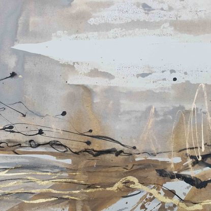 A large abstract painting of a river bank and trees. Charcoal black, a very deep brown/black, metallic gold leaf gilding,  tan, warm cream, beige and white with shades of grey.