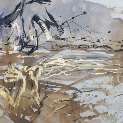 A large abstract painting of a river bank and trees. Charcoal black, a very deep brown/black, metallic gold leaf gilding,  tan, warm cream, beige and white with shades of grey.