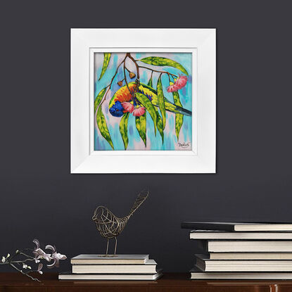 Rainbow day - Rainbow lorikeet on a Blossoming gum tree original painting by Irina Redine. Australian nature small artwork framed and ready to hang, gift idea