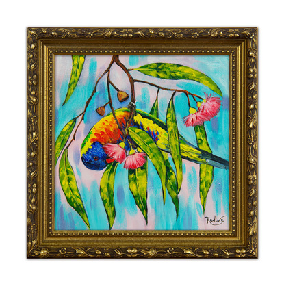 Rainbow day - Rainbow lorikeet on a Blossoming gum tree original painting by Irina Redine. Australian nature small artwork framed and ready to hang, gift idea