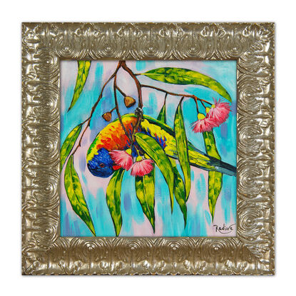 Rainbow day - Rainbow lorikeet on a Blossoming gum tree original painting by Irina Redine. Australian nature small artwork framed and ready to hang, gift idea