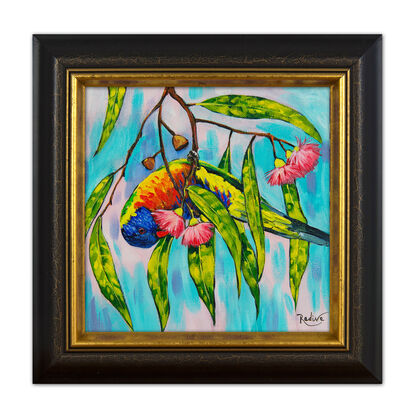 Rainbow day - Rainbow lorikeet on a Blossoming gum tree original painting by Irina Redine. Australian nature small artwork framed and ready to hang, gift idea