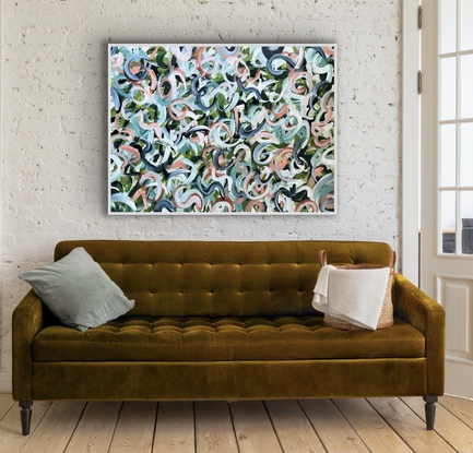 Swirls of dark green, light green and dark blue in the back ground with pale apricot, white, coral and blue in the forefront.  