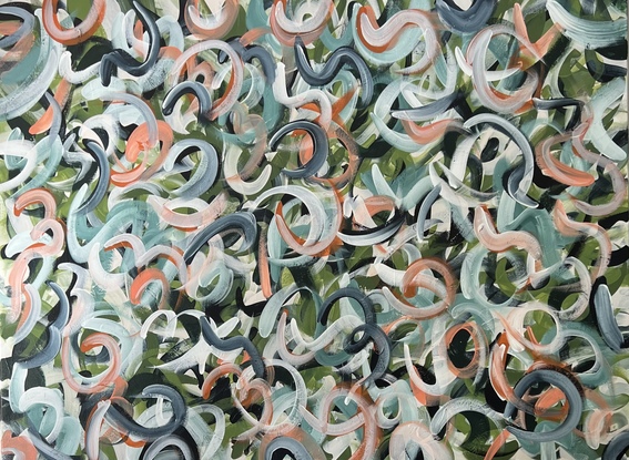 Swirls of dark green, light green and dark blue in the back ground with pale apricot, white, coral and blue in the forefront.  