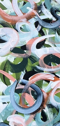 Swirls of dark green, light green and dark blue in the back ground with pale apricot, white, coral and blue in the forefront.  