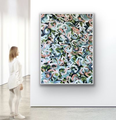 Swirls of dark green, light green and dark blue in the back ground with pale apricot, white, coral and blue in the forefront.  