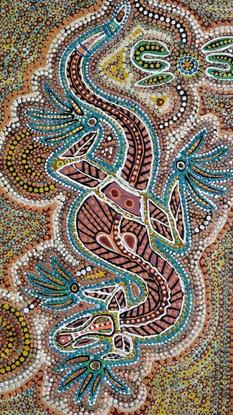 Image description: The Wiradjuri Googar in depiction is largely spread across the full length of the painting, it dose over exaggerates a goanna flexibility is distorted and compressed into the boarders of the artworks around tribe sites. This dose suggest the Googar is under some positional pressures, symbolizes other outward events are not always as we like but are endurable. The double layer dot technic of a frantic spirited composition has a hypnotic bright color that serves as a warning signal subliminally to the viewer. The depiction of dots appearance size and generosity of paint in using is a patient story, that one has shown Yindyermarra sufficiently to accumulate an arrangement of dots in vibrant detail.       