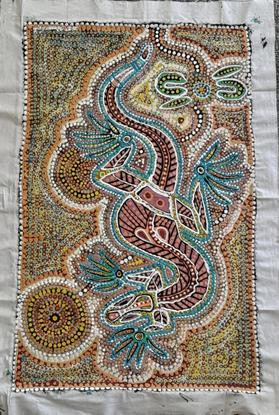 Image description: The Wiradjuri Googar in depiction is largely spread across the full length of the painting, it dose over exaggerates a goanna flexibility is distorted and compressed into the boarders of the artworks around tribe sites. This dose suggest the Googar is under some positional pressures, symbolizes other outward events are not always as we like but are endurable. The double layer dot technic of a frantic spirited composition has a hypnotic bright color that serves as a warning signal subliminally to the viewer. The depiction of dots appearance size and generosity of paint in using is a patient story, that one has shown Yindyermarra sufficiently to accumulate an arrangement of dots in vibrant detail.       