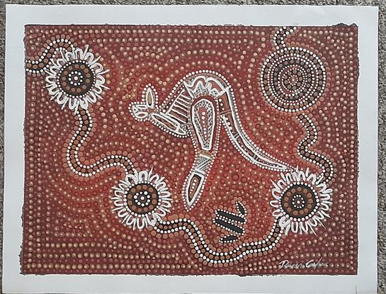 Image descriptive: Wiradjuri dot icon design and Xray depiction of Kangaroo, four warriors at a campsite tracking a Wambine to water hole the black circle rings with red earth dots. A black line with yellow dots indicating a path to water hole. Single tracks of a Kangaroo approaching to water hole from adjacent direction of the walking path to water hole. 