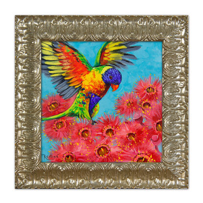 Rainbow lorikeet on a Blossoming gum tree original painting by Irina Redine. Australian nature small artwork framed and ready to hang, gift idea