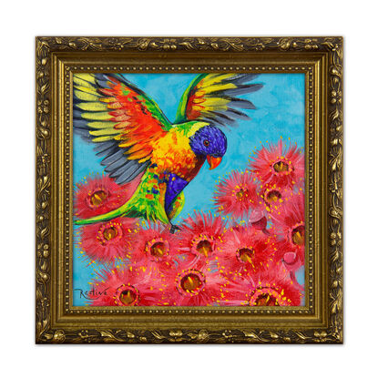 Rainbow lorikeet on a Blossoming gum tree original painting by Irina Redine. Australian nature small artwork framed and ready to hang, gift idea