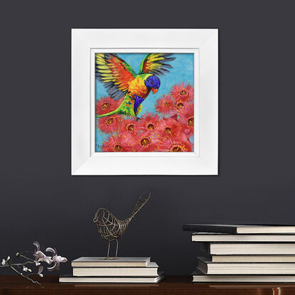 Rainbow lorikeet on a Blossoming gum tree original painting by Irina Redine. Australian nature small artwork framed and ready to hang, gift idea