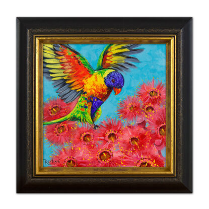 Rainbow lorikeet on a Blossoming gum tree original painting by Irina Redine. Australian nature small artwork framed and ready to hang, gift idea