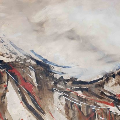 A large abstract painting of a mountain range with dark brown, beige and deep maroon red.