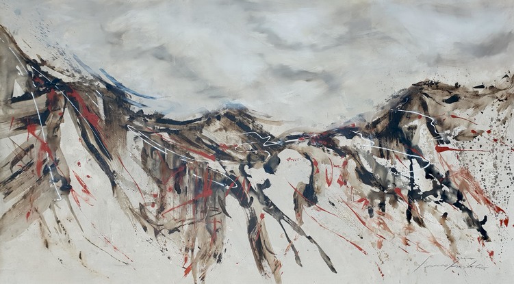 A large abstract painting of a mountain range with dark brown, beige and deep maroon red.