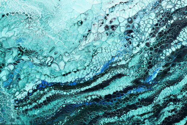 ABSTRACT painting that gives the impression of soothing ocean waves lapping in to soft sandy beach with slow easy waves creating crests of whtie..  The intricate mosaic pattern within the tonal teal and green hues and the glimmering metallics adds added interest and intrigue.
The closer you get to the painting the more of the interesting details and patterns you can see. Metallics add an extra depth because the painting changes personality when one views from different angles.