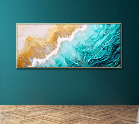 ABSTRACT painting that gives the impression of soothing ocean waves lapping in to soft sandy beach with slow easy waves creating crests of whtie..  The intricate mosaic pattern within the tonal teal and green hues and the glimmering metallics adds added interest and intrigue.
The closer you get to the painting the more of the interesting details and patterns you can see. Metallics add an extra depth because the painting changes personality when one views from different angles.