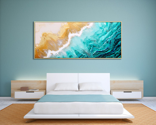 ABSTRACT painting that gives the impression of soothing ocean waves lapping in to soft sandy beach with slow easy waves creating crests of whtie..  The intricate mosaic pattern within the tonal teal and green hues and the glimmering metallics adds added interest and intrigue.
The closer you get to the painting the more of the interesting details and patterns you can see. Metallics add an extra depth because the painting changes personality when one views from different angles.