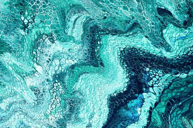 ABSTRACT painting that gives the impression of soothing ocean waves lapping in to soft sandy beach with slow easy waves creating crests of white with an opalescent quality.  The intricate mosaic pattern within the tonal green hues and the glimmering metallics adds added interest and intrigue.
The closer you get to the painting the more of the interesting details and patterns you can see. Metallics add an extra depth because the painting changes personality when one views from different angles.