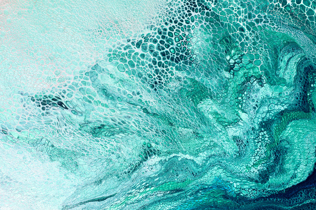 ABSTRACT painting that gives the impression of soothing ocean waves lapping in to soft sandy beach with slow easy waves creating crests of white with an opalescent quality.  The intricate mosaic pattern within the tonal green hues and the glimmering metallics adds added interest and intrigue.
The closer you get to the painting the more of the interesting details and patterns you can see. Metallics add an extra depth because the painting changes personality when one views from different angles.