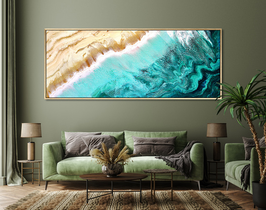 ABSTRACT painting that gives the impression of soothing ocean waves lapping in to soft sandy beach with slow easy waves creating crests of white with an opalescent quality.  The intricate mosaic pattern within the tonal green hues and the glimmering metallics adds added interest and intrigue.
The closer you get to the painting the more of the interesting details and patterns you can see. Metallics add an extra depth because the painting changes personality when one views from different angles.