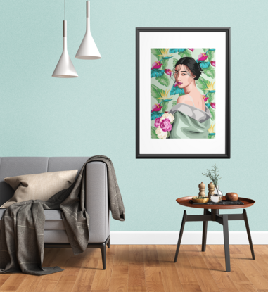 Portrait of Japanese girl using Hawaiian background design