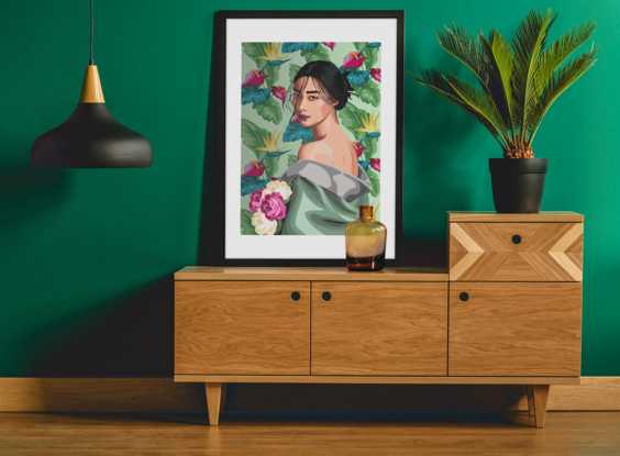 Portrait of Japanese girl using Hawaiian background design