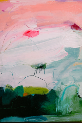 An abstract landscape in pinks and greens.