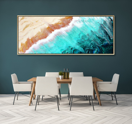 ABSTRACT painting that gives the impression of soothing ocean waves lapping in to soft sandy beach with slow easy waves creating crests of white with an opalescent quality.  The intricate mosaic pattern within the tonal green hues and the glimmering metallics adds added interest and intrigue.
The closer you get to the painting the more of the interesting details and patterns you can see. Metallics add an extra depth because the painting changes personality when one views from different angles.