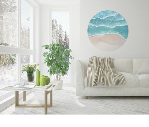 Round canvas depicting the shoreline. 
Both light and dark blues with waves crashing along the shore. 
Soft sands and dreamy elements. 
A truly coastal beauty 